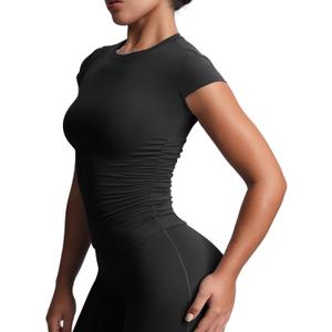 Aoxjox Women's Cap Sleeve T-Shirts Crew Neck Velura Ruched Tee Without Padded Workout PlushFlex Gym Yoga Crop Top (Black) XS