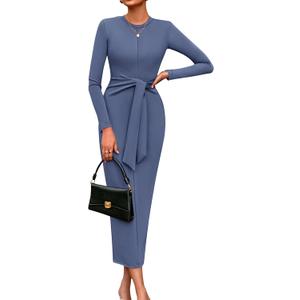 PRETTYGARDEN Women's 2025 Wedding Guest Midi Dresses Semi Formal Long Sleeve Bodycon Tie Waist Cocktail Fall Fashion Clothes (Blue, XXL)