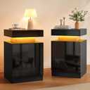 Nightstands Set 2, 15 Inches LED Night Stand Set of 2, Modern Bedside Table with LED Lights, High Gloss Surface, End Table with Storage for Bedroom, Black