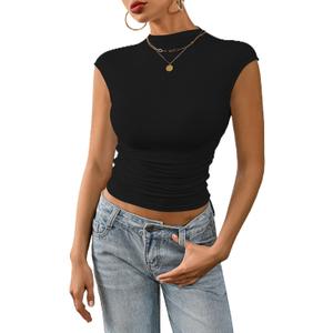Nasperee Women Sleeveless/Cap Sleeve Mock Turtleneck Tank Tops Slim Fit Side Ruched Stretch Crop Y2K Tee Shirts (Black, XS)