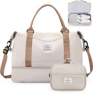 Weekender Bags for Women,Personal Item Travel Bag with Shoes Compartment, Overnight Travel Duffel Bag with Toiletry Bag,Medium (Beige & Brown)