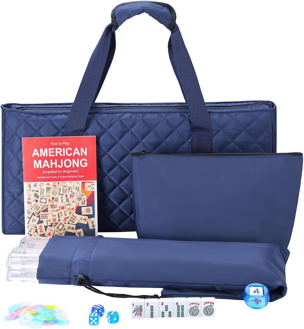 Jongyance American Mahjong Set with Dark Blue Carrying Bag, 166 White Tiles, 4 Racks withPushers, Mahjong Tiles Set for Beginners