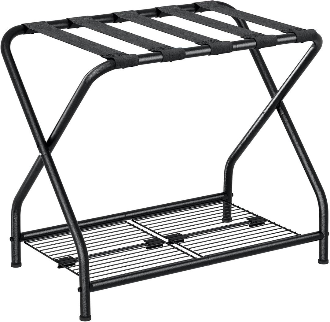1-Piece Foldable Black Luggage Rack Stand with Storage Shelf – Heavy Duty Metal Suitcase Holder, 150 lbs Top, 50 lbs Bottom, Fits 20”-28” Luggage – Guest Room, Bedroom, Hotel LR-BK-1