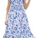 GRACE KARIN Girls Flutter Sleeve Floral Dresses Girl Long Midi Spring Dress Kids Smocked Flare Summer Dress, Blue White Floral 7-8yrs
