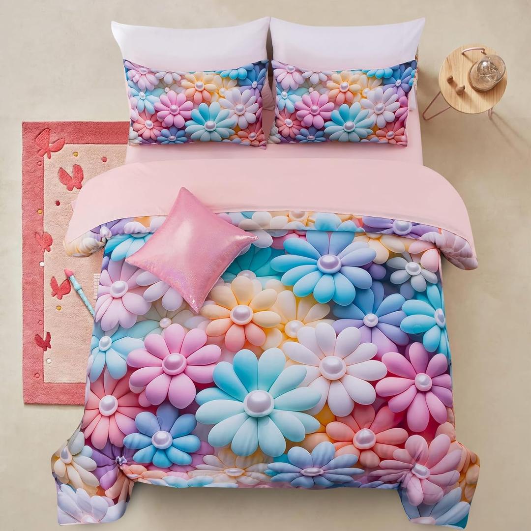 A Nice Night Stunning Blooming 3D Flower Floral Comforter Sets, with Pearl Flower Core Pattern Bedding Set for Girls Twin Size, Ultra Soft Bedding Sets (BluePurple, Twin 6Pcs)