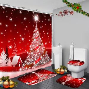4PCS Red Christmas Tree Shower Curtain Sets, Christmas Village Printed Shower Curtain Sets with Rugs, Toilet Lid Cover and Bath Mat for Bathroom Set Decor Christmas Bathroom Decor Theme