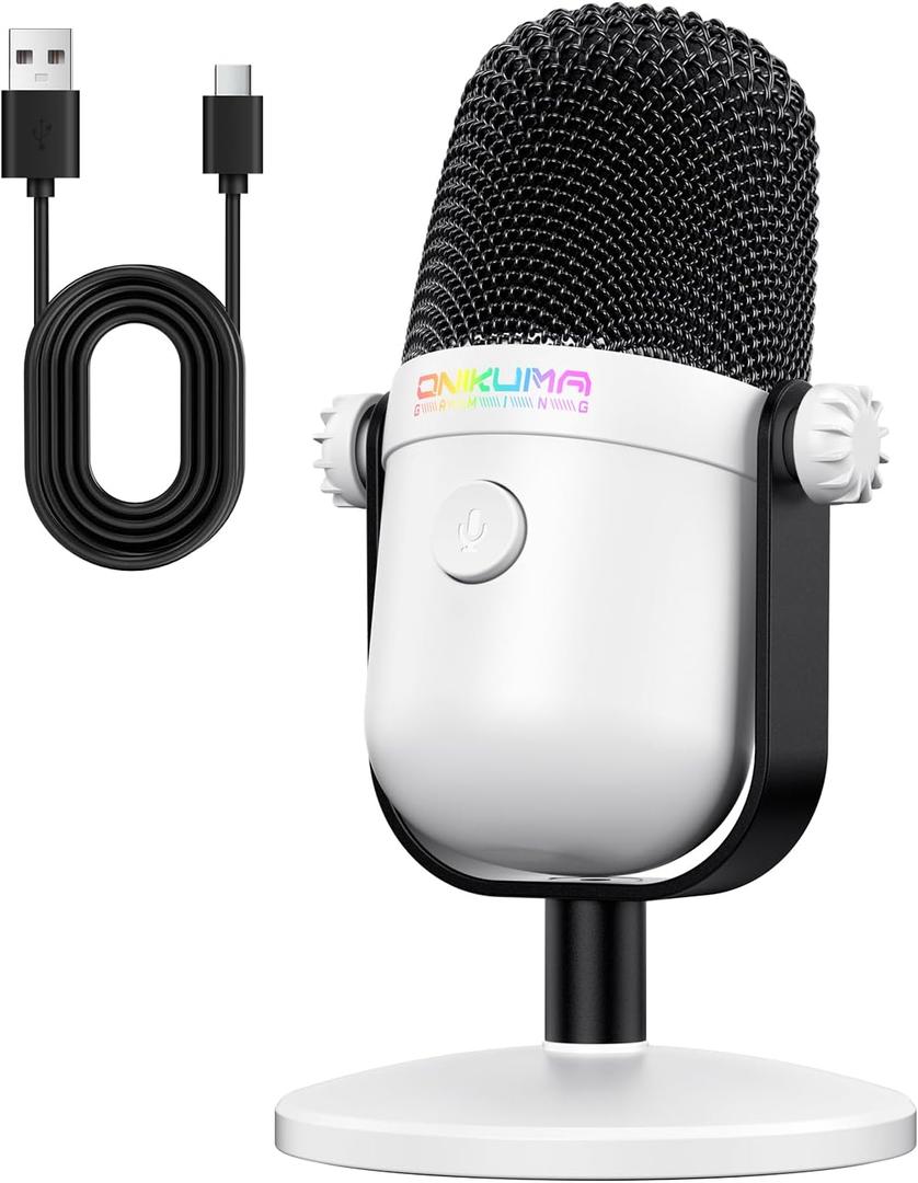 Gaming Microphone with Noise Cancellation & Mute Button, USB Condenser Mic for Streaming/Recording, Ultra-Compact Design, Compatible with PC/Mac/PS4/PS5, Podcast/YouTube/Twitch/Discord (White)