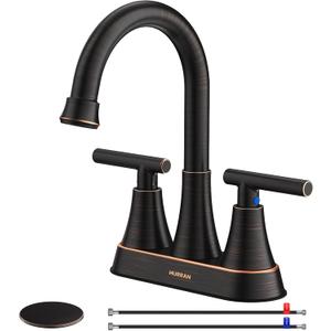 Bathroom Faucets for Sink 3 Hole, Hurran 4 inch Oil Rubbed Bronze Bathroom Sink Faucet with Pop-up Drain and Supply Hoses, Stainless Steel Lead-Free Centerset Faucets for Vanity RV