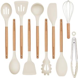 Silicone 10 Pcs Kitchen Cooking Utensils Set, Recycled Materials Certification, BPA Free Spatula Set with Heat Resistant Wood Handles for Nonstick Cookware, Cream White