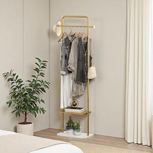 Gold Clothing Rack, Freestanding Coat Rack with Metal Shelves and Natural Marble Base, Small Clothes Stand Organizer for Bedroom, Entryway, Apartment (Gold, 19.7")