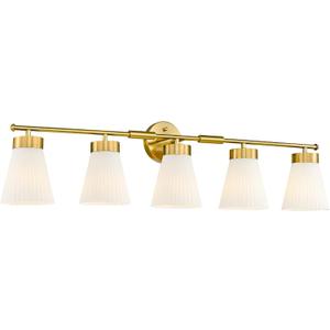Bathroom Light Fixture, HWH 5-Light Bathroom Vanity Light Brushed Gold Vanity Lighting Over Mirror, Modern Vanity Lights with Frosted White Striped Glass, 5HZG97B-5W BG