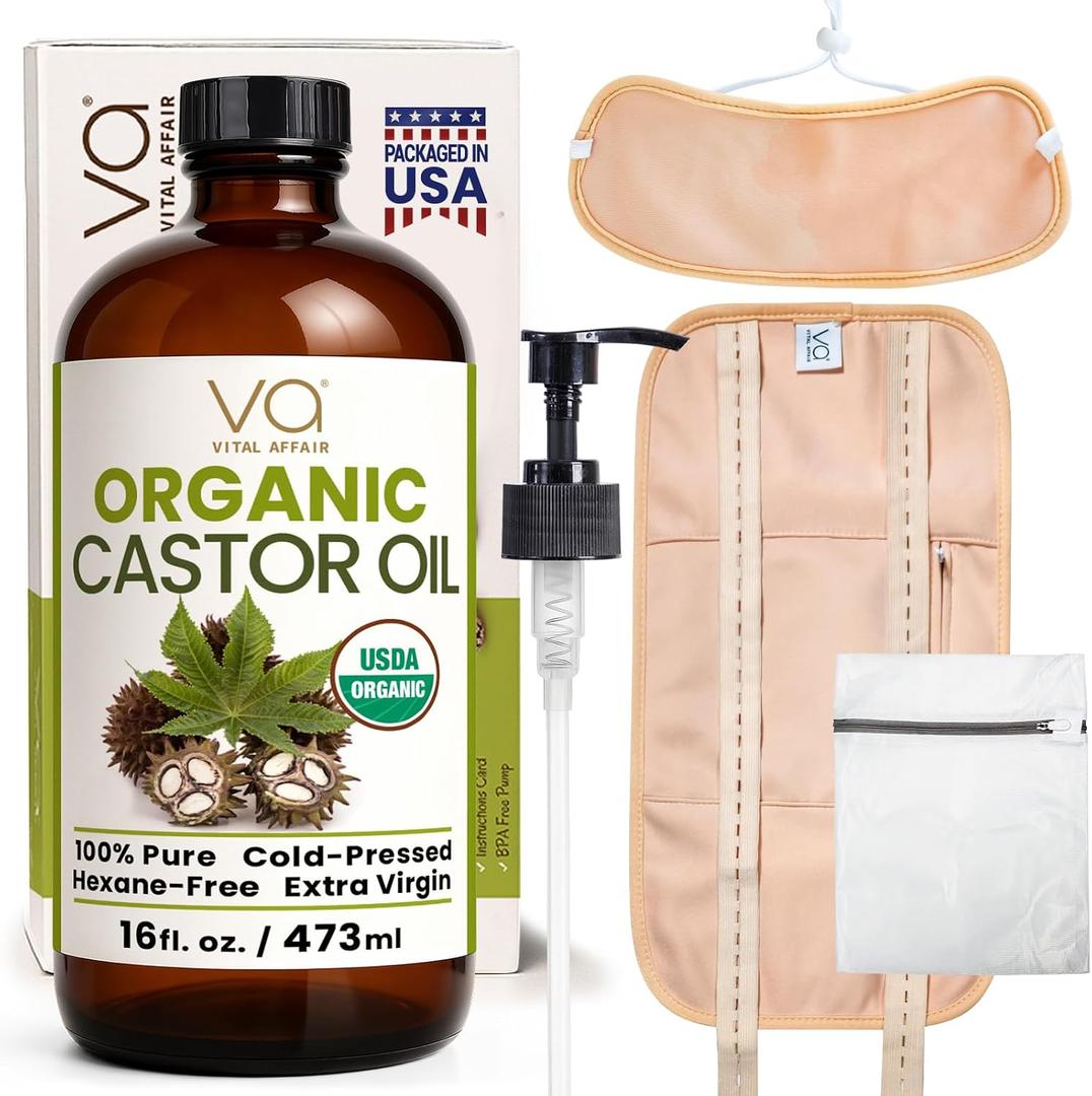Castor Oil Pack Wrap Kit USDA Organic, 16 oz Cold-Pressed Hexane-Free Castor Oil in Glass Bottle | Adjustable Cotton Flannel Waist & Neck Wraps | Made in USA | Liver, Abdominal & Detox Therapy