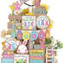19 Pcs Easter Bunny Tiered Tray Decor Spring Easter Egg Wooden Centerpiece Signs Colorful Easter Wooden Sign Bunny Gnome Sign Trays for Home Farmhouse Rustic Decor