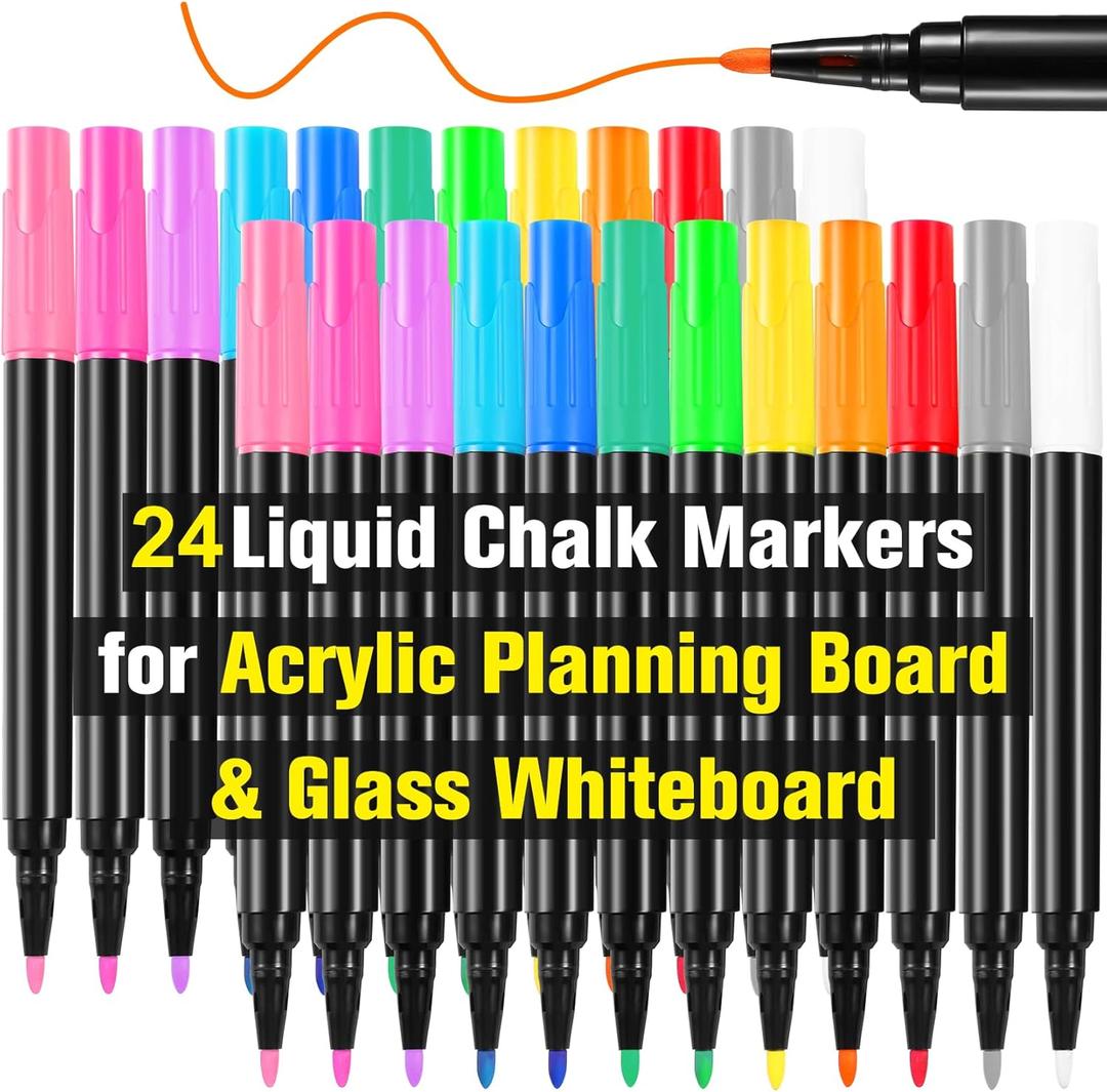 24 Liquid Chalk Markers 12 Colors for Acrylic Calendar Planning Board LED Note Board Glass Dry Erase Board Whiteboard Wet Erase Markers for Window Mirror, 1mm Fine Points, for Easter Holidays