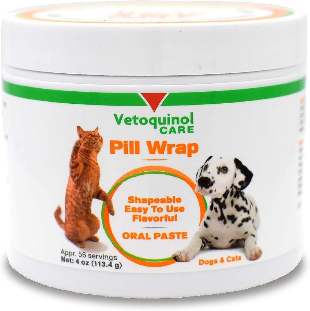 Vetoquinol Pill Wrap Treats for Dogs & Cats  4oz, 56 servings  Hides Any Size, Shaped Pill  Moist, Flavorful & Shapeable Pill Pocket Paste  Easy-to-Swallow Masking Pill Pouch for Training & Treats