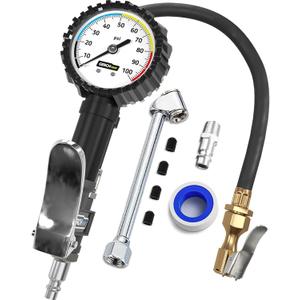 Tire Inflator with Pressure Gauge and Longer Hose  Most Accurate, Heavy Duty Air Chuck with Gauge for Air Compressor Tire Inflator Attachment  100PSI