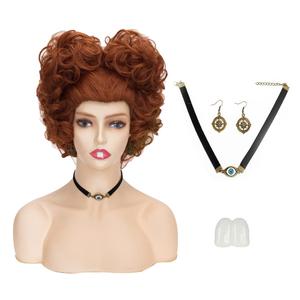 FVCENT Women's Wig Winifred Red Brown Short Curly Ball Head Witch Wig for Cosplay Halloween Costume Party Auburn Reddish Brown Heat Resistant Wigs With Teeth Necklace Earrings (Winifred)