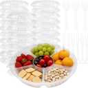 30 Pack 12 Inch Plastic Appetizer Tray with Lid, 6 Sectional Round Plastic Divided Serving Tray with 200 Forks and 100 Spoon-Forks, Disposable Food Party Platters for Snack,Fruit,Vegetable