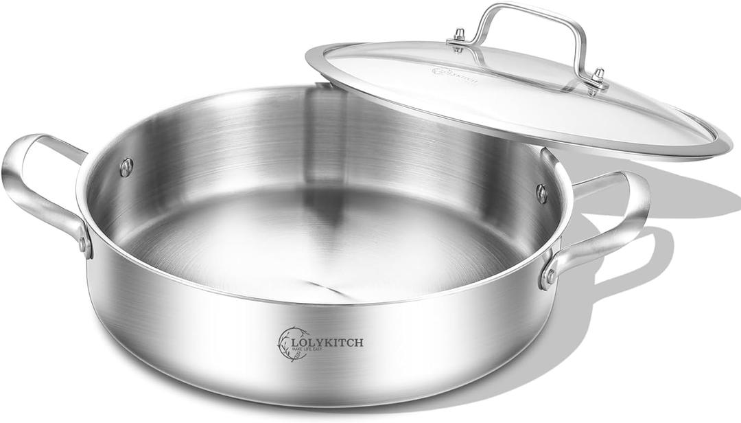 LOLYKITCH 3 Quarts Tri-Ply Stainless Steel Sauté Pan with Lid,10 Inch Induction Cooking Pot, Dishwasher and Oven Safe,Dia.26 CM