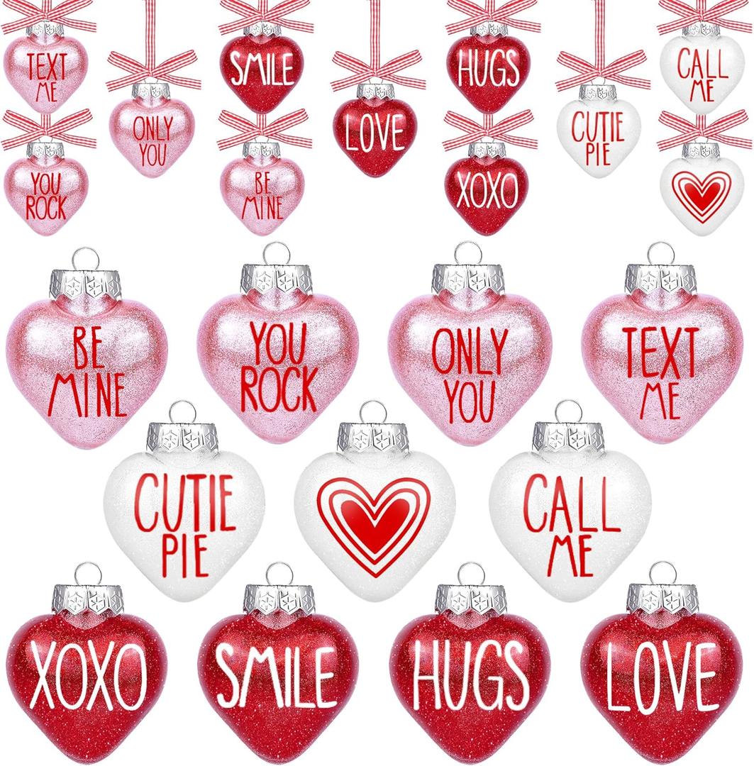 11 Pcs Valentines Day Heart Ornaments, 2.4 Inch Red Pink White Valentine's Heart Shaped Baubles Decorations Glitter Conversation Hearts Hanging Ornament for Tree Home Galentines Party Supplies