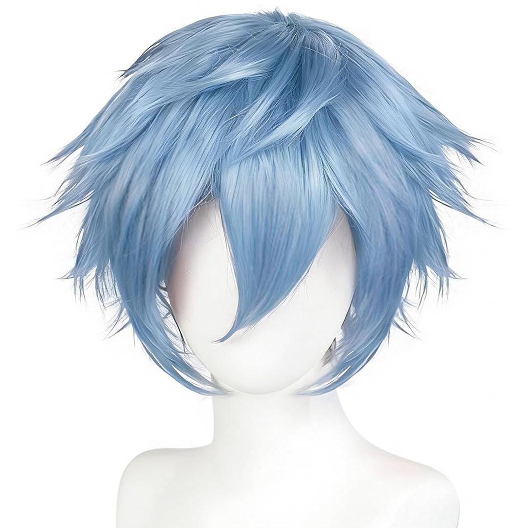 BESTBEL+Hair Cap Short Light Blue Messy Wig for Men Short Messy Wig Blue Synthetic Anime Hero Hair for Halloween Cosplay Mens Cosplay Outfit for Costume Party