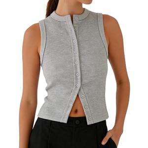 Women Button Down Tank Tops Casual Ribbed Sleeveless Crop Vest Top Going Out Tops Open Front Slim Fit Dressy Top (Gray, M)