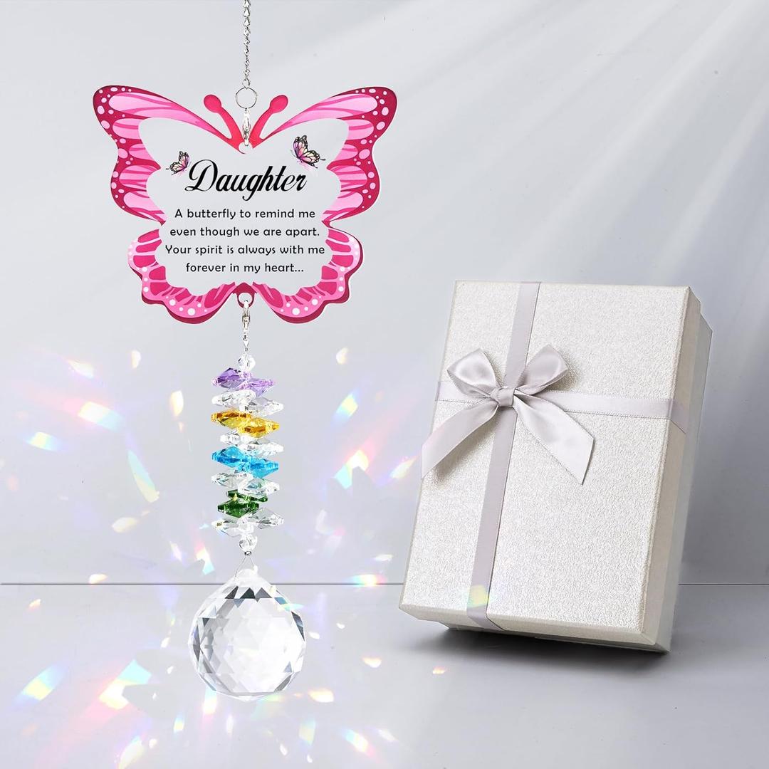 Sympathy Butterfly Crystal Suncatcher Gifts for Loss of Daughter Bereavement Gift Idea for Loss of Daughter Crystal Suncatcher Butterfly Rainbow Maker Window Hanging (Pink)