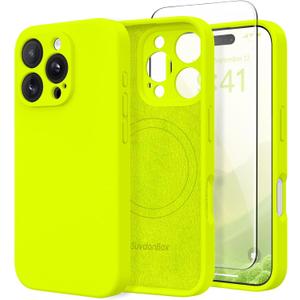 Magnetic for iPhone 16 Pro Max Case, Compatible with MagSafe, [Full Camera Protection][Screen Protector] Silicone Shockproof Protective Phone Case for iPhone 16 Pro Max, Fluorescent Green