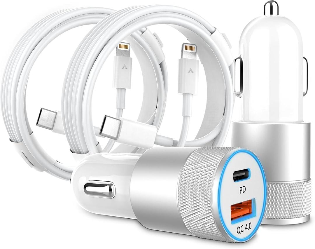 Car Charger, [Apple MFi Certified]2 Pack 48W Dual Port USB C Car Charger All Metal iPhone Fast Car Adapter with 2x3ft Lightning Cable for Carplay, Type C fast Charging for iPhone/iPad/Airpods and more