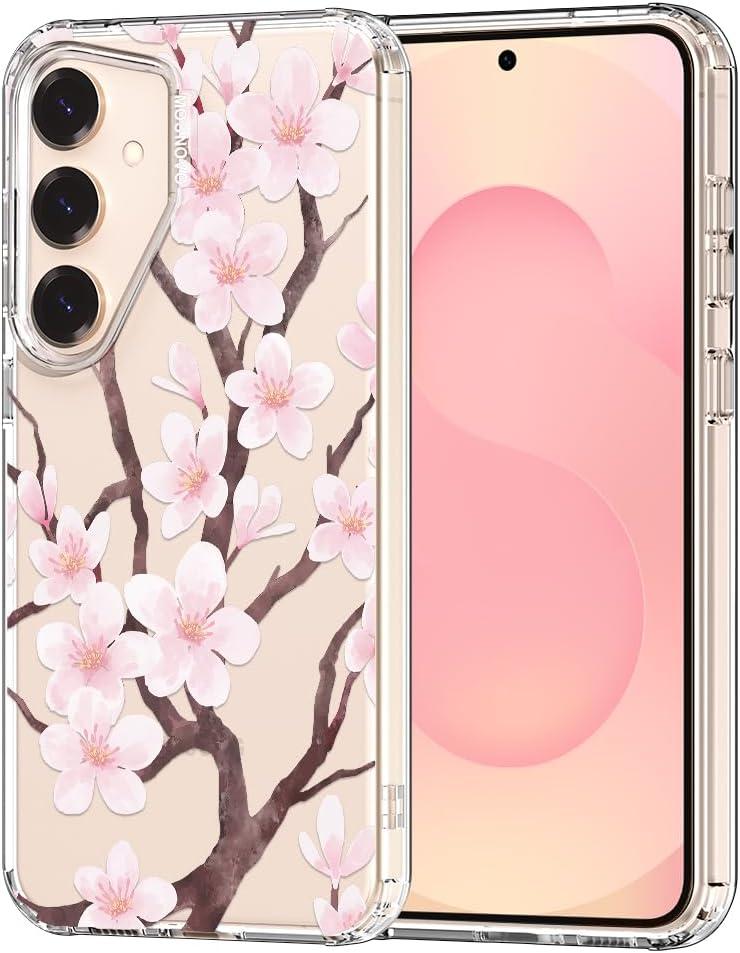MOSNOVO Case for Samsung Galaxy S25 / Galaxy S24, [Buffertech 6.6ft Military-Grade Drop Protection] [Anti Peel Off Tech] Clear TPU Bumper Phone Case Cover Design - Cherry Blossom Floral