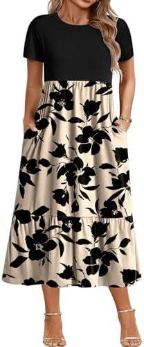IN'VOLAND Women Plus Size Short Sleeve Dress Loose Plain Casual Summer Flowy Tiered Long Maxi Dresses with Pockets, Size 18W