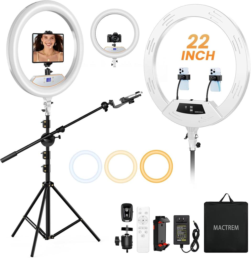 Ring Light 22inch Kit: Ring Light Tripod for iPhone ipad,with 75" Tripod/LCD Display/4 Phone Tablet Clips/2 USB Ports,LED RingLight for Barber Makeup Tattoo TikTok Video Recording Vlog (White)