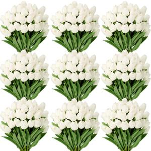 Yunlly 200 Pcs White Artificial Tulips Bulk PU Faux Tulips with Stem Bouquet Centerpieces Real Touch Fake Flower for Wedding Arrangement Bouquets Party Decorations(White)