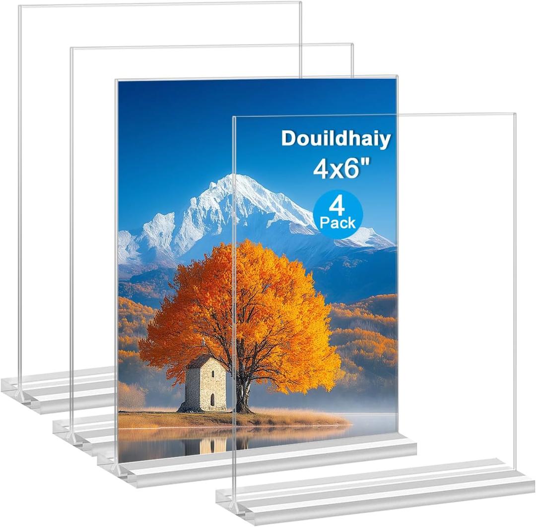 Acrylic Picture Frame 4x6 inches, 4 Pack Clear Plastic Picture Frames Holder Standing,Double Sided Picture Desktop Display for Photo Home Office -Vertical