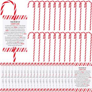 24 Sets Christmas Candy Cane Ornament and Candy Cane Meaning Story Cards Plastic Christmas Tree Hanging Ornaments Twisted Red and White Tree Decoration for Xmas Party Supplies
