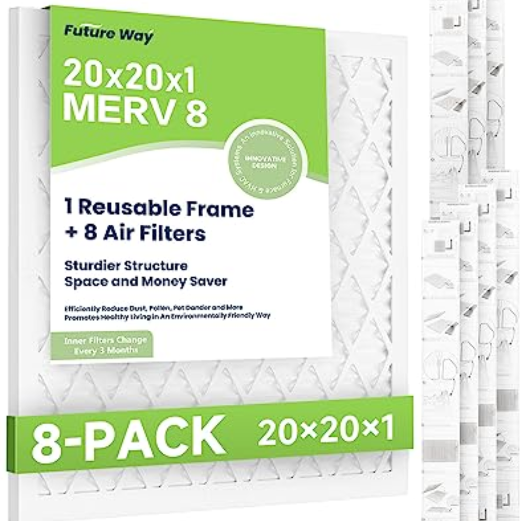 Future Way 20x20x1 Air Filter, MERV 8, MPR 700, Assembly Kit with 1 Reusable ABS Frame & 8 Filters for AC Furnace, Actual Size: 19-11/16 x 19-11/16 x 3/4 inch