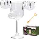 XUANDOH Christmas Eggnog Moose Mug, Clear Thick Cute Glass Coffee Mug, Vacation Movie Moose Christmas Gift Drinking Cup for Friend Birthday Holiday (High Footed Glass)