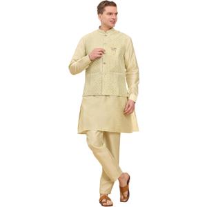 Pro-Ethic Style Developer Mens Indian Traditional Silk Kurta Set With Jacket For Men Floral Design (C-111) (X-Large, Green)