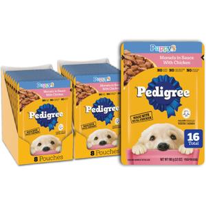 Pedigree Puppy Food Morsels in Sauce, Wet Dog Food Pouches, Chicken Flavor, 3.5 oz. Pouches, 16 Count (EXP 06/01/28)