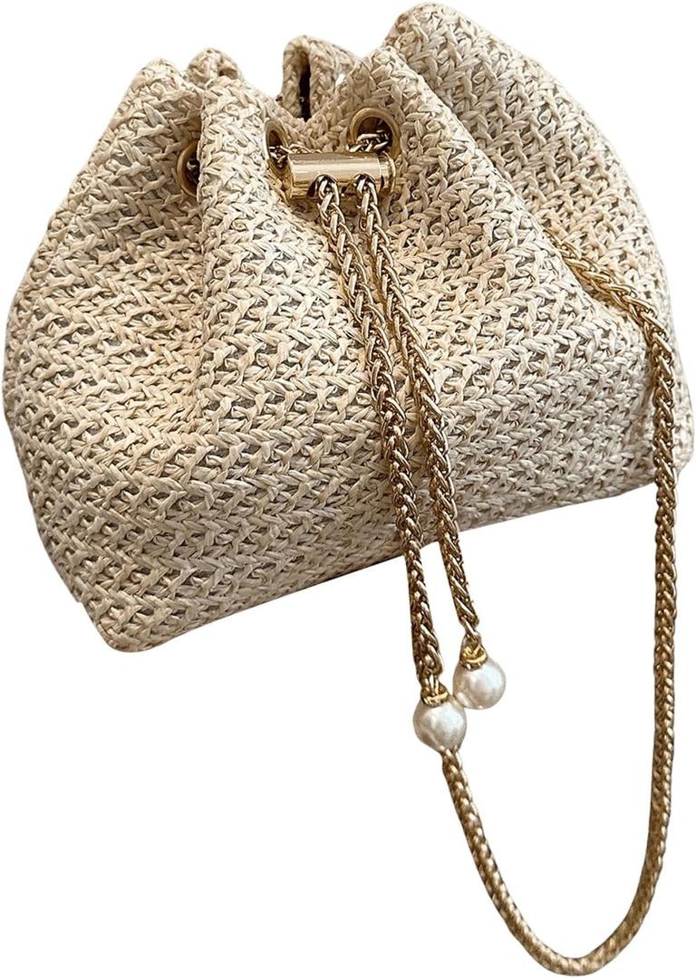 GORGLITTER Women's Pearl Decor Drawstring Crossbody Bag Chain Mini Bucket Handbags (Beige) One Size