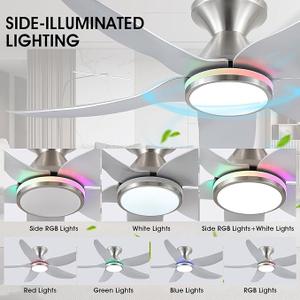 Kviflon Ceiling Fans with Lights Remote/APP Control, 38" Low Profile Ceiling Fans with Dimmable White Colors+RGB Ring Lights, 6 Speeds 5 Reversible Blades for Kids Room Bedroom Living Room, Nickel