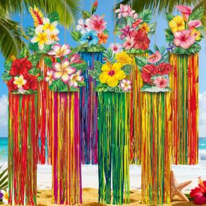 Affrolling 8 Pcs Hawaiian Luau Party Decoration Tropical Flower Hanging Decorations with Tassels for Hawaii Luau Tropical Floral Birthday Party Supplies 3.3 ft Outdoor Summer Door Banner Sign Decor