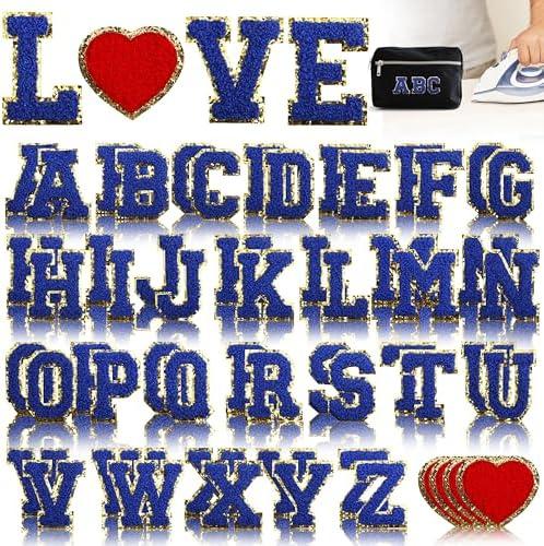 56Pcs Chenille Letter Iron on Patches,Sew On Preppy Letter Patches A-Z Alphabet Stickers for Clothing Backpacks Embroidered Applique Initial Patch Blue 2.2 inch