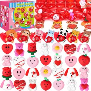 28 Pack Valentine Mochi Squishies Toys and Valentine Cards for Kids, Animal Mochi Squishies Filled Hearts, Kawaii Squishies Stress Relief Fidget Toys Classroom Exchange Party Favors Prizes Gifts