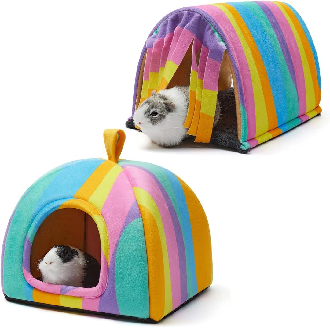 Guinea Pig Hideout Soft Large Bed Tunnel with Door Curtain 2 Pack Guinea Pig Toys Set Bunny Bed Cage Accessories for Small Animals (Rainbow)