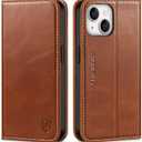 SHIELDON Case for iPhone 14 6.1" 2022, Genuine Leather Folio Wallet Case Magnetic Closure RFID Blocking Credit Card Slots Kickstand Full Protection Cover Compatible with iPhone 14 - Retro Brown