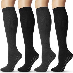 4 Pairs knee high socks for women Bamboo Calf Dress Long Athletic Tall Tube Socks for Outdoor Sport (Medium, Black, Grey)