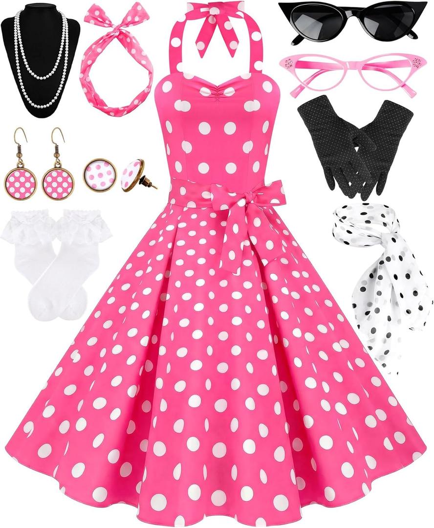 Women's 1950s Polka Dress Set Audrey Vintage-Inspired Cocktail Halter Swing Dress with Accessories 10PCS