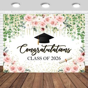 Congratulations Class of 2026 Backdrop 7x5ft Spring Pink Floral Graduation Party Photography Background Congrats Grad Class of 2026 Decorations Prom Party Banner Photo Studio Props