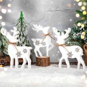 3Pcs Cute Christmas Tiered Tray Decor Indoor, Wooden Farmhouse Reindeer Christmas Tabletop Decorations Xmas Centerpiece, Rustic Reindeer Sign Standing Elk Decor for Home Shelf (White)